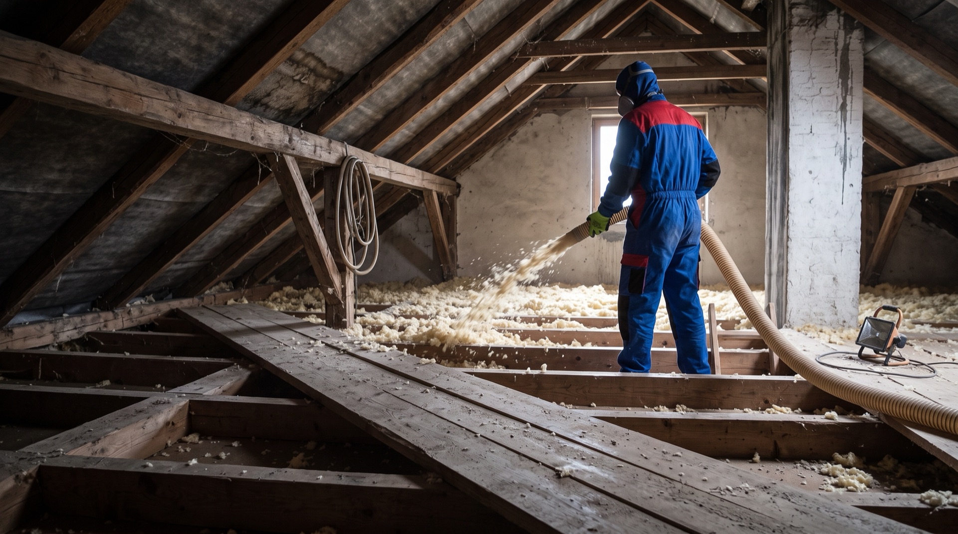 Aplikace foukané minerální izolace na půdě rodinného domu